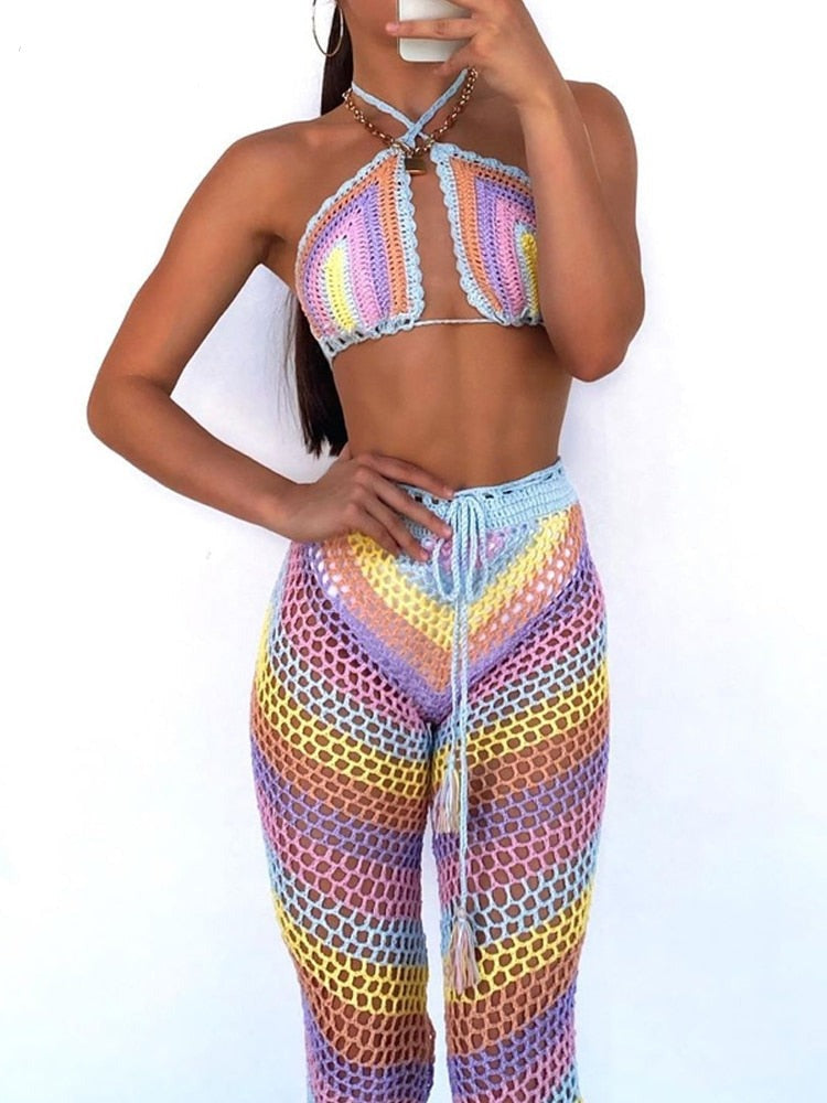 Back To School  Elegant Colorful Cotton Blend Crochet 2 Piece Set Women 2023 Summer Festival Stretch Top And Pants Beach Outfit Coverup