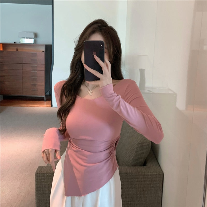 Llyge  Graduation party  Y2k Crop Top Women Irregular Hollow Out  Slim Fit T-shirt Spring Solid Basic Blouses Long Sleeve Inner Bottoming Shirts