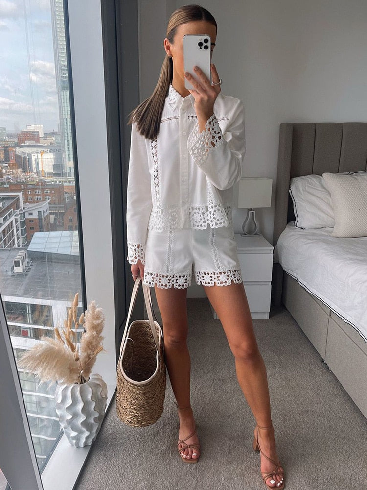 Boho Vintage Openwork Crochet Detail Cotton White Shorts Sets Shirt Tops And High Waist Shorts Two Piece Set Women Clothing 2023
