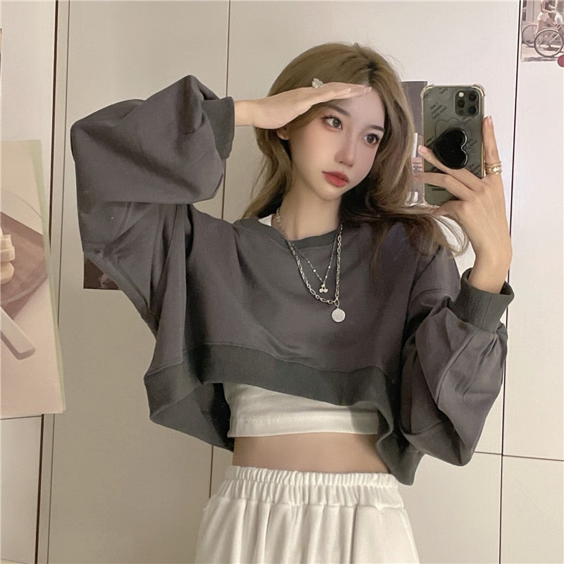 Llyge  Graduation party  Women Pullover Solid Cropped Hoodies Long Sleeves Loose Sweatshirts Casual Crop Tops for Spring Autumn Winter Mujer