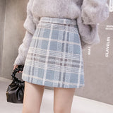 Llyge Korean Summer Fashion Elegant Print Woolen Skirts Women High Waist Mujer Blue Plaid Mini Skirts Street Wear Lady Skirts New 2022