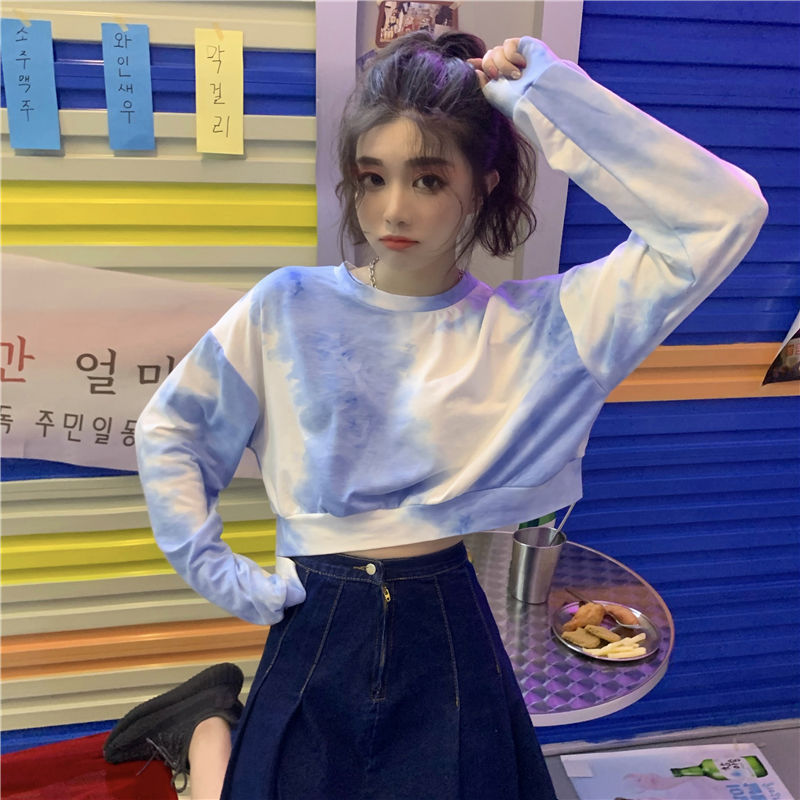Llyge  Graduation party  Women Crop Top Tie Dye Long Sleeve Short Cropped Sweatshirt New Korean Fashion O-Neck Pullovers Autumn y2k Clothes