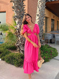 Backless Hollow Out Long A Line Dress Women Fashion Lace Up Puff Sleeve Maxi Dress 2023 Summer Beach Robe Pink Woman's Gown