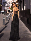 Graduation Prom Llyge One Sleeve Strapless Long Ball Gown Split Leg Hollow Out Padded Black Glittered Party Maxi Dress
