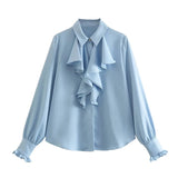 Woman Elegant Sky Blue Satin Long Sleeve Shirt 2023 Spring Female Casual Solid Soft Button Shirts Ladies Sweet Ruffles Shirts