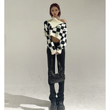Llyge Black White Plaid Turtleneck Sweater Knit Women Spring Autumn New Design Short Loose Off-The-Shoulder Casual Shoulder
