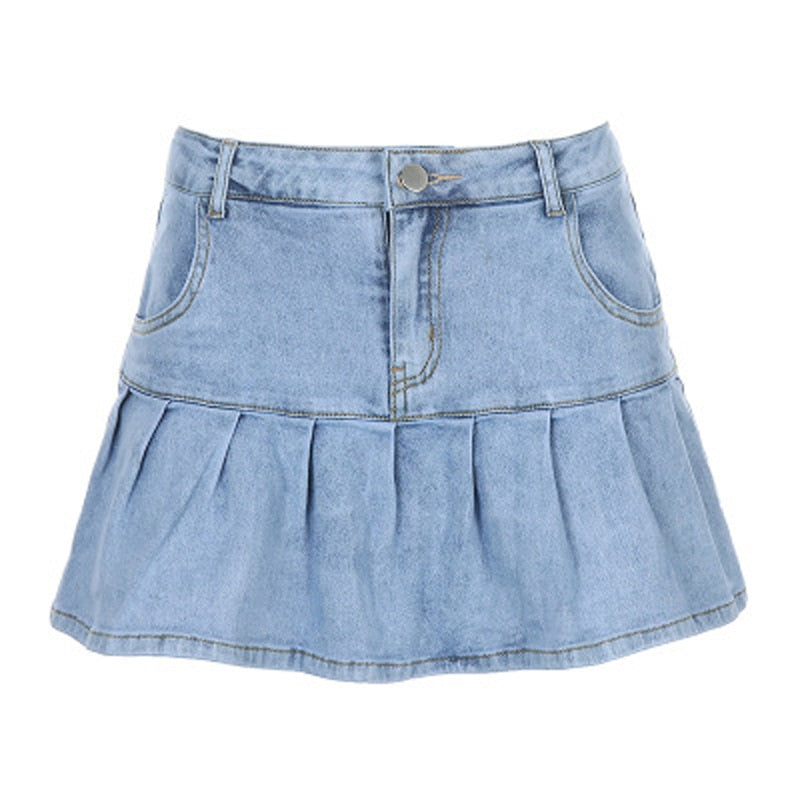 Llyge Fashion Ruffles Denim Skirt High Waist Elastic Streetwear Jean Mini Skirt Summer Korean Lining Pure Cotton Ladies Skirts
