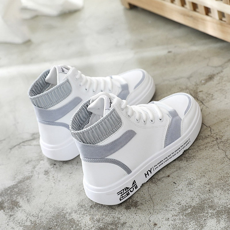 Llyge 2023 High Top Casual Shoes Women Autumn Flat Bottom Leather All-Match Women's White Shoes Women's Shoes Leather Sneakers