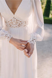 LLYGE New Women Casual Wedding Dress Bride A-Line Long Sleeve Backlees Chiffon Lace Boho Solid White Gown Elegant Evening Party Dress