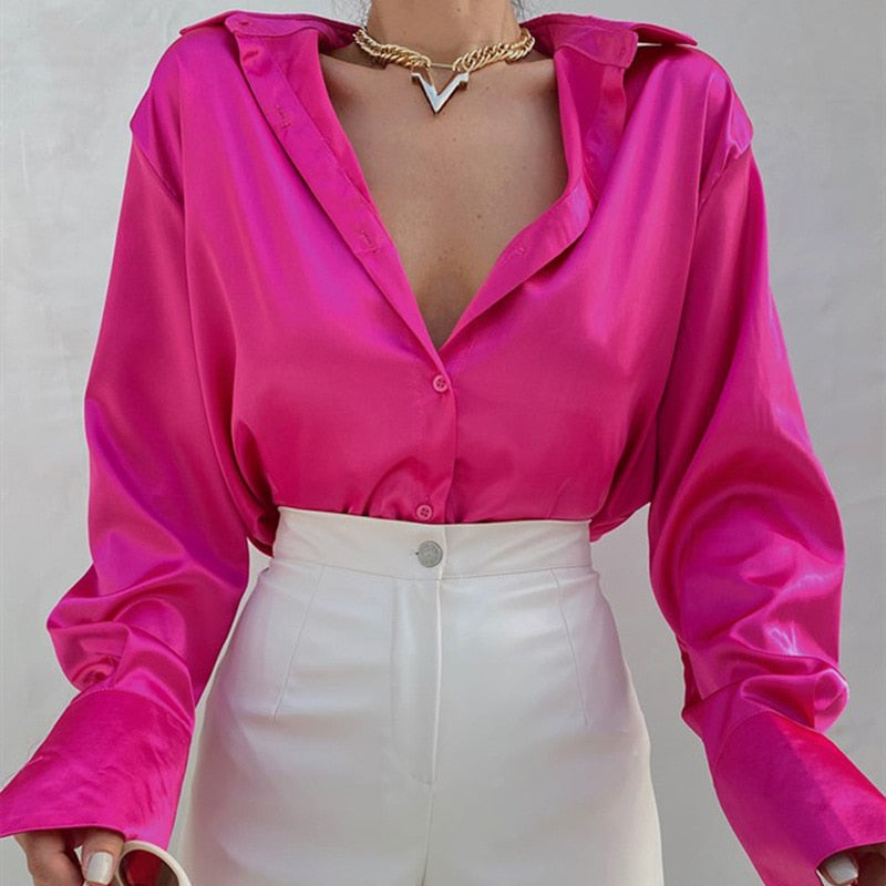 Llyge  Graduation party  Women Satin Blouses 2023 Spring Green Fashion Long Sleeve Shirts Button Up V Neck Lapel Casual Office Lady Clothing Vintage