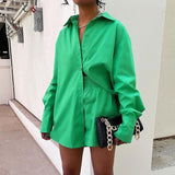 Llyge 2022 Graduation party  Women Green Suit Casual Loose Long Sleeve Lapel Shirt and Mini Shorts 2022 Spring Summer Fashion Tracksuit Two Piece Set Outfits