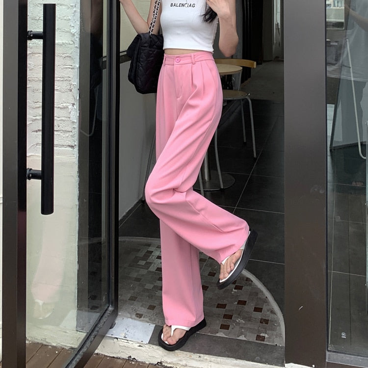 Llyge Pink Women Work Wear Pants Streetwear Hot Sale Summer Solid 2022 Slim Fashion Straight New Chic Office Lady Trousers