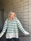LLYGE 2022 Vintage Green Striped Knitted Oversized Long Sweaters Women V Neck Casual Loose Pullovers Female Elegant Tops