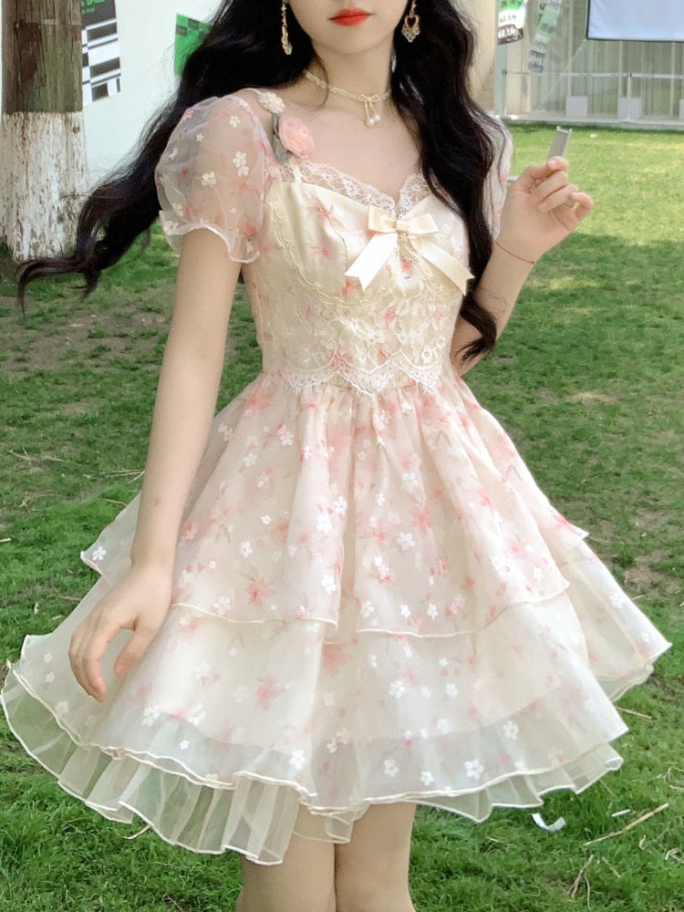 Llyge French Vintage Mini Dress Women Kawaii Clothing Lolita Dress Even Party Female 2023 Summer Short Sleeve Fairy Floral Dress Chic