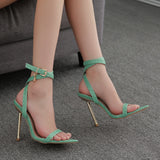 LLYGE 2023 New Summer Woman Shoes Sandals Metal Heel Ankle Strap Party Pumps High Heels Buckle Ladies Shoes Blue White Size 42