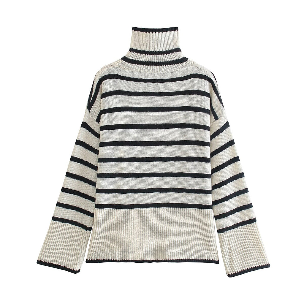 Woman Casual Turtleneck Striped Sweaters 2023 Winter Female Loose Knit Pullover Girls Soft Warm Sweater