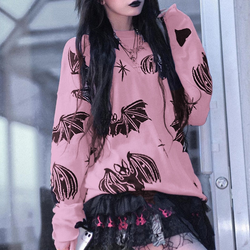 LLYGE Y2K Gothic Bat Print Black Sweater  Fairy Grunge Fashion Winter Aesthetic Pink Black Pullover Harajuku Long Sleeve Top