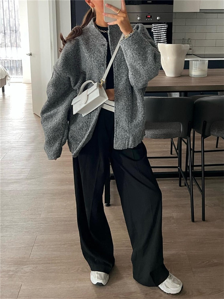 Llyge Woman Fashion Loose Gray Warm Baseball Jacket 2023 Spring Casual Oversized Bomber Jacket Girls Vintage Thick Warm Outwear
