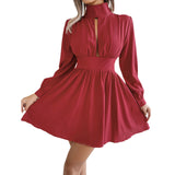 Llyge Women Long Sleeve Autumn Dress Solid Color Mock Neck Cut Out Pleated Dress Female Casual Fairy Vintage Dresses