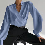 Llyge  Graduation party  Llyge Graduation party  Fashion Woman Blouses Loose Solid Color Casual Commute Long Sleeve Top V Neck All-match Vintage Black Shirt Female Clothing