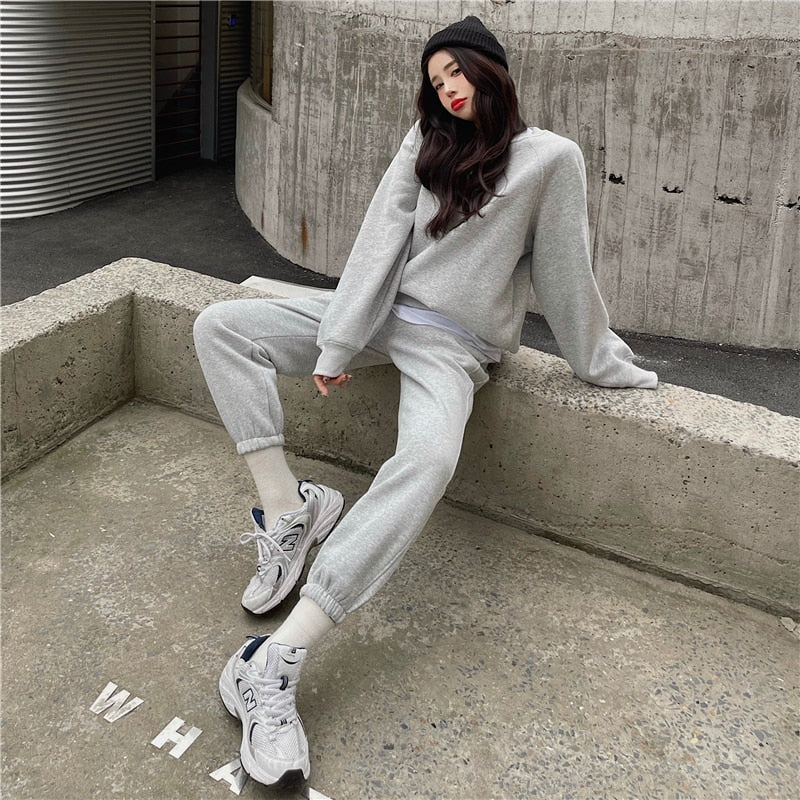 Women Spring New Solid  Fleece Tracksuit Two Piece Set Autumn Clothes Hooded Sweatshirt Top Sweatpants Sports Suit Outfits