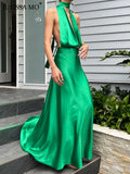 LLYGE Satin Halter  Deep V-Neck Women Maxi Dress Backless High Slit Dress Women Summer Skinny Fashion Party Elegant