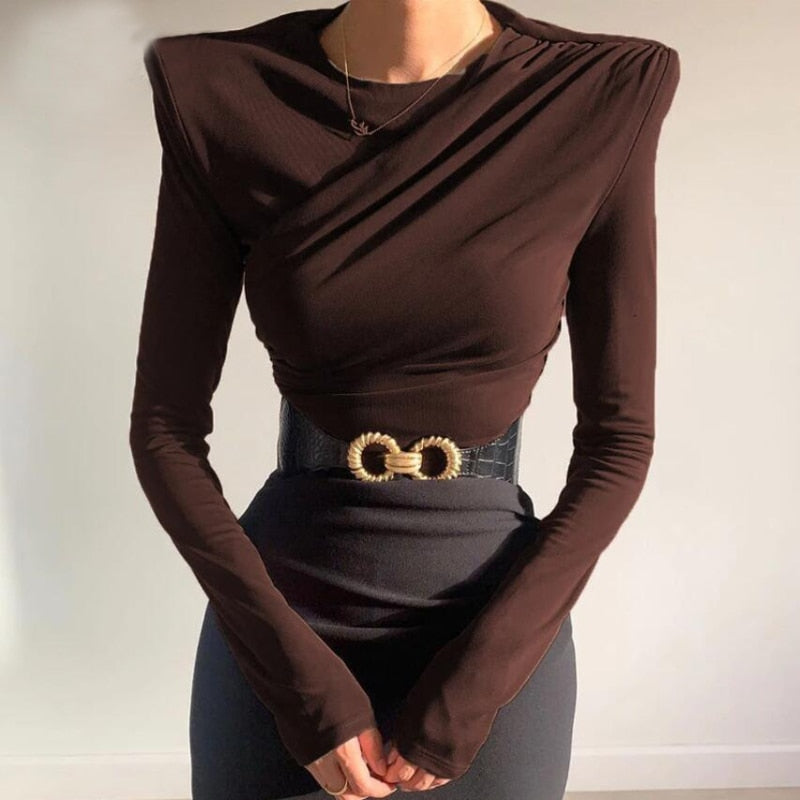 Llyge Y2k Top Women Solid Color Long Sleeve Top Pleated  Top Shoulder Pad T Shirt Autumn Winter New Fashion Blouses Women Clothing