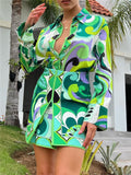 Woman Casual Green Soft Button Shirt Suit Summer Elegant Female High Waisted Skirt Suits Ladies Vintage 3 Pcs Print Sets