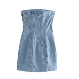 Llyge Solid Mini Denim Dress For Women Fashion Off Shoulder Tube Top Dress 2024 Summer Elegant Party Club Mini Robe Streetwear