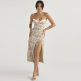 llyge French Platycodon Fairy Suspender Floral Sweet Split Dress Waist-tightening Thin Skirt Summer Dress Women 2023
