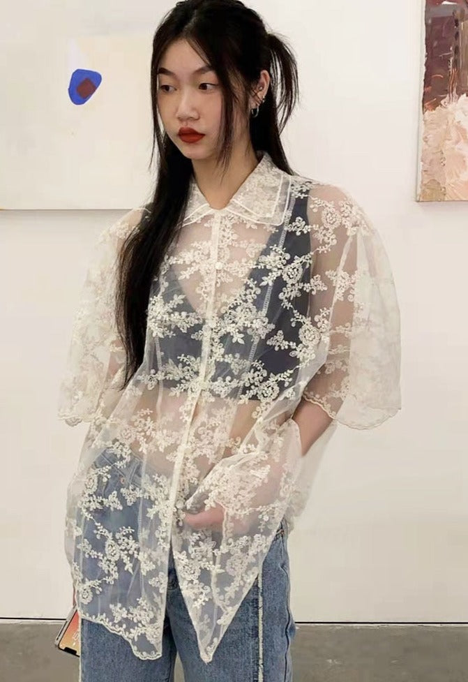 Back to School Puff Sleeve Lace T-Shirt Women Summer 2023 See Through Short Sleeve Double Collar Design Oversize Embroidery Tees Tops