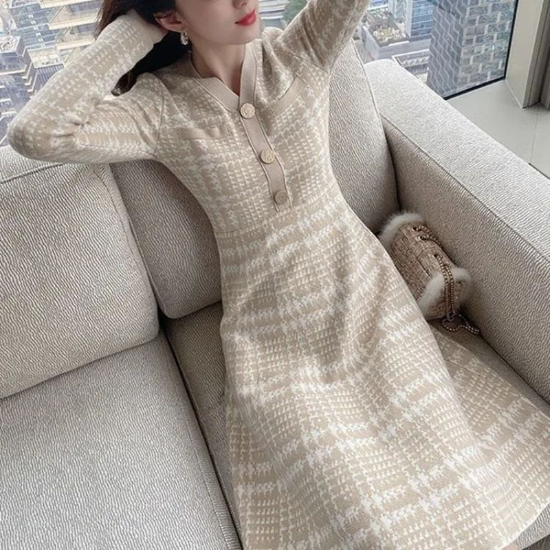 Llyge Vintage Crochet Sweater Dress Woman Knitted Autumn Winter 2023 Korean Style Knit Dresses Ladies Midi Long Sleeve Free Shipping