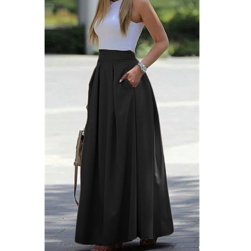 Llyge 2023 Women Summer High Waist Long Skirts Skirts Casual Elegant Pleated Maxi Skirt Solid Work OL Skirt