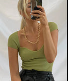 Back To School  Green Square Neck Ribbed Knitted T-Shirt Women  Solid Color High Strench Tshirt Cool Girls Street Style Crop Top 2023