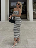 Fashion Women Zebra Printed Straight Elastic Knitted Midi Dress 2023 Summer Strapless For Holiday High Street Femme Vestidos