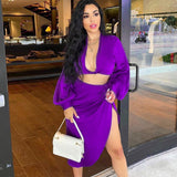 Llyge  Graduation party  Llyge 2023 Graduation party  Satin Tracksuit Womens Two Piece Sets New Fashion Loose Deep V Neck Long Sleeve Crop Top Long Skirts Slit  Outfits for Woman