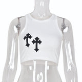 Llyge Y2K Clothes Cross Print Crop Top Women Fashion Sleeveless O-Neck Basic Slim Vest Tee Cool Girls Streetwear Vintage Gothic Tanks
