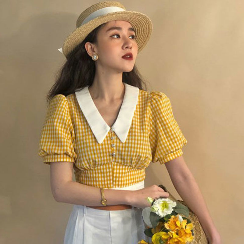 Crop Top Yellow Blouses Summer Kawaii Puff Sleeve Plaid Shirt Women Checkered French Retro Style 2023 Vintage