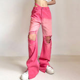 Llyge Street Casual Baggy Straight Denim Trouser Ladies Gradient Pink High Waist Hollow Out Jeans Women Ripped Split Wide Leg Pants