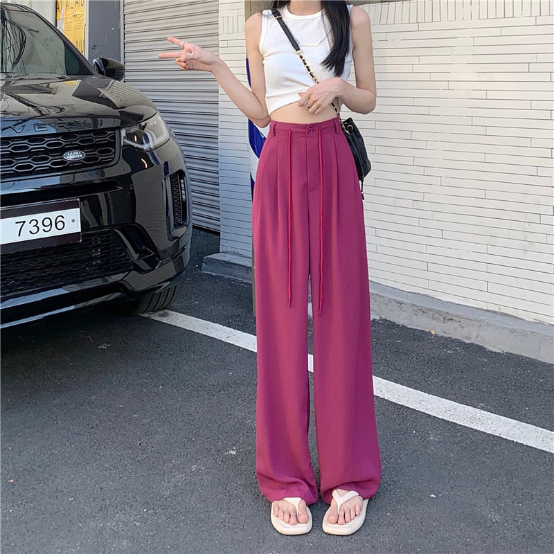 Llyge 2022 Summer Straight Hot Trousers Women Casual Solid High Waist Drawstring Office Lady Streetwear Hot Loose Slim-Fit