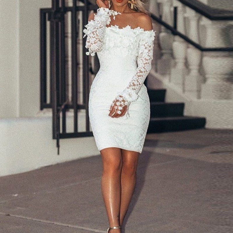 LLYGE 2023  Mini Slim Dress White Lace Long Sleeve Women Bodycon Dress Wedding Party Evening Clubwear Off Shoulder Sheath Dress