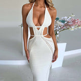 LLYGE Crochet Halter Sleeveless Backless Solid Hollow Out Bandage  Slim Maxi Prom Dress 2023 Winter Festival Party Outfit