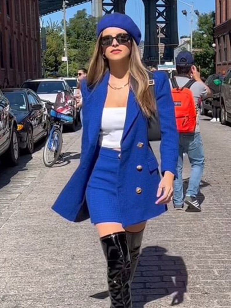 Women Elegant Twist Blazer 2 Pieces Suits Female Fashion Double Breasted Coat And A Line Mini Skirts Suit Lady Streetwear Set