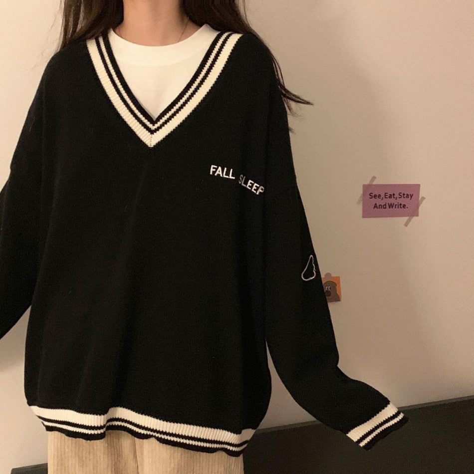 Llyge Spring Women Sweaters Ulzzang Letter Chic Vintage V-Neck Daily Loose Girls Pullovers Student Casual All-Match Ins Sweaters