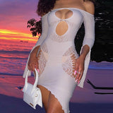 llyge Women Slash Neck Sexy Hollow-out Dress Lady Sexy Long Sleeve Hole Solid Color Stretch Mini Party Club Sheath Dress