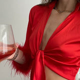 Llyge 2024 Fashion Feather Trim Satin Shirts Women Long Sleeve V Neck Front Tie Up Cardigan Tops Summer  Vintage Blouse Female