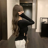 Llyge  Graduation party  Y2k Crop Top Women Irregular Hollow Out  Slim Fit T-shirt Spring Solid Basic Blouses Long Sleeve Inner Bottoming Shirts