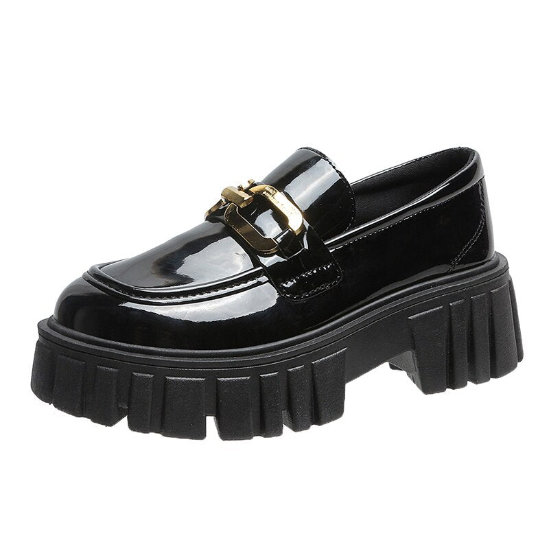 Llyge 2022 New Black Platform Flats Shoes Women Loafers Slip On Boat Shoes Autumn Office Metal Chain Designer Casual Leather Oxfords