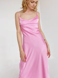 Graduation dress Elegant Women Pink Hollow Out Satin Midi Dress  Backless Spaghetti Strap A-Line High Waist Female Dresses
