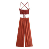 Boho Vintage Sets Womens Outfits 2023  Halter Lace Up Backless Beaded Knit Crop Top And Wide Leg Pants Two Piece Set Women